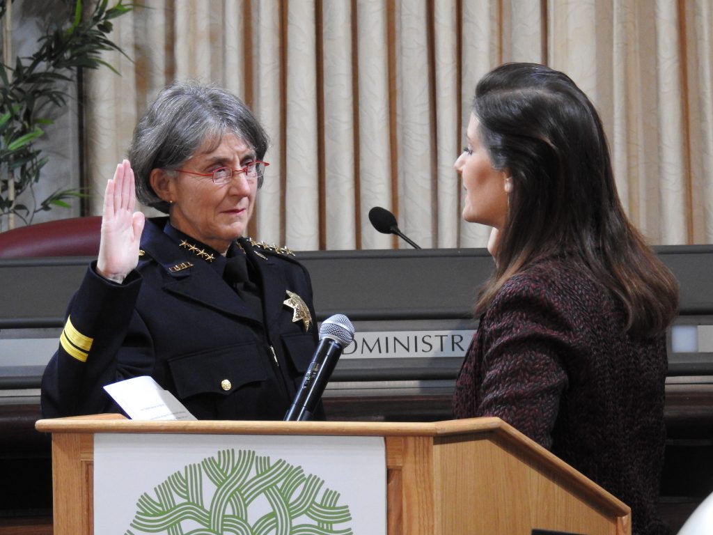 Anne Kirkpatrick sworn in as Oakland police chief by Mayor Libby Schaaf on Feb. 27, 2017. Photo by Scott Morris.
