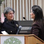 Anne Kirkpatrick sworn in as Oakland police chief by Mayor Libby Schaaf on Feb. 27, 2017. Photo by Scott Morris.