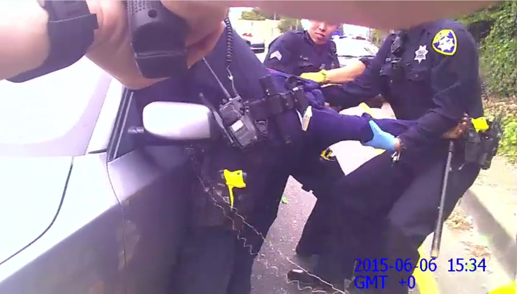 A still from Oakland police Officer Nicole Rhodes' body-worn camera just after she shot Demouria Hogg.