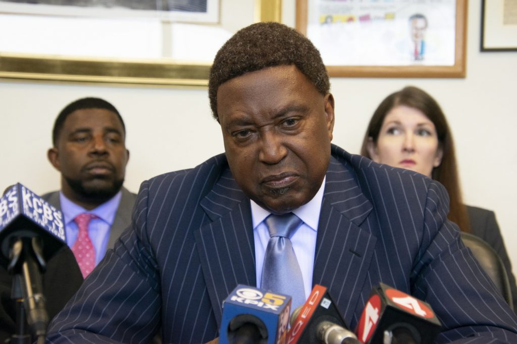 Attorney John Burris alongside attorneys Adante Pointer, left, and Melissa Nold at a press conference on June 27, 2019, to announce a lawsuit against the Vallejo Police Department for the fatal shooting of Willie McCoy in February. Photo by Scott Morris