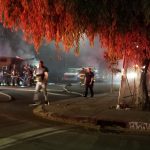 Oakland firefighters extinguish a fire in two RVs reportedly set by masked men in West Oakland on Aug. 2, 2019. Photo courtesy Jessica Brown.