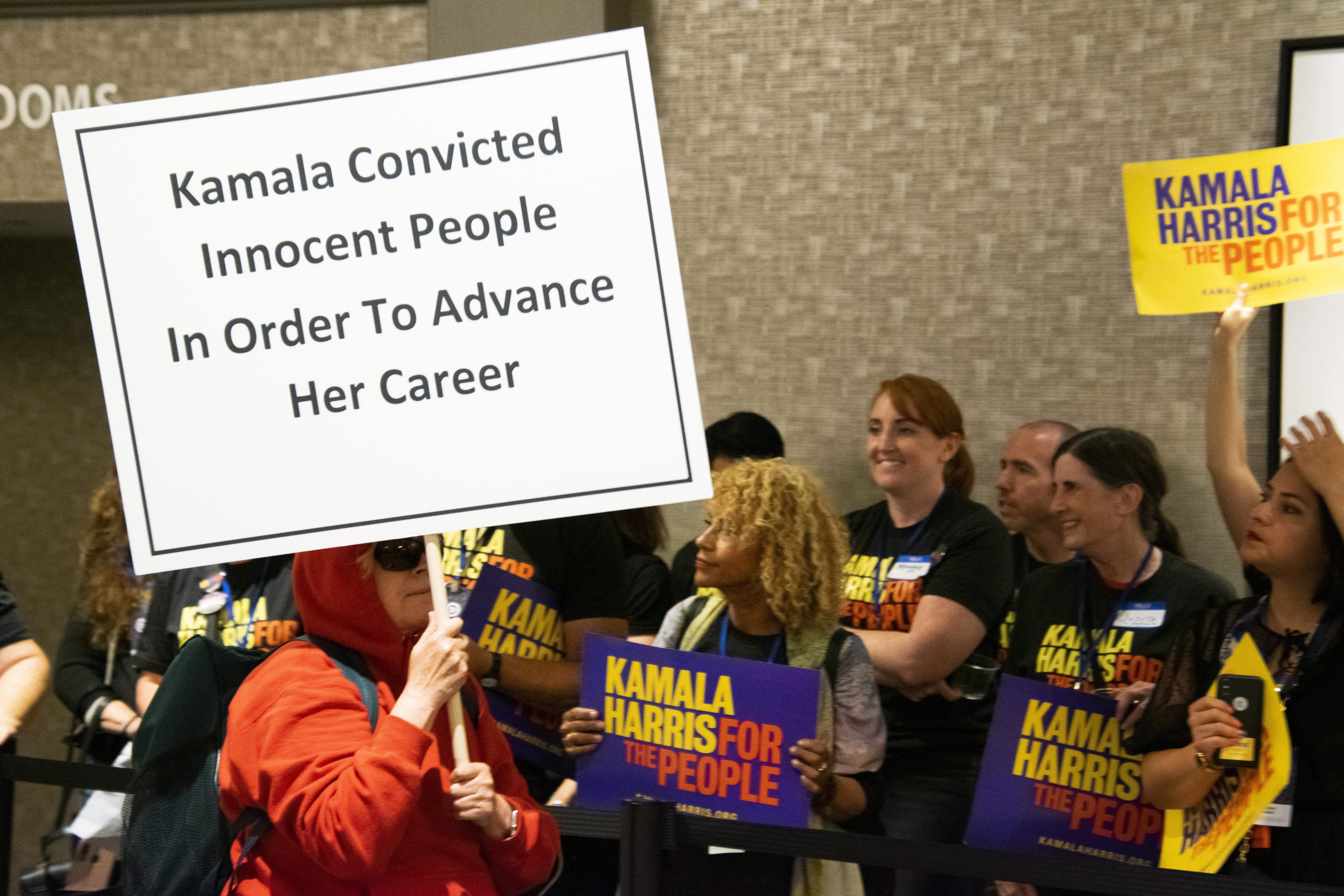 San Francisco resident Mary Murrin protests alongside Kamala Harris supporters on Aug. 29.