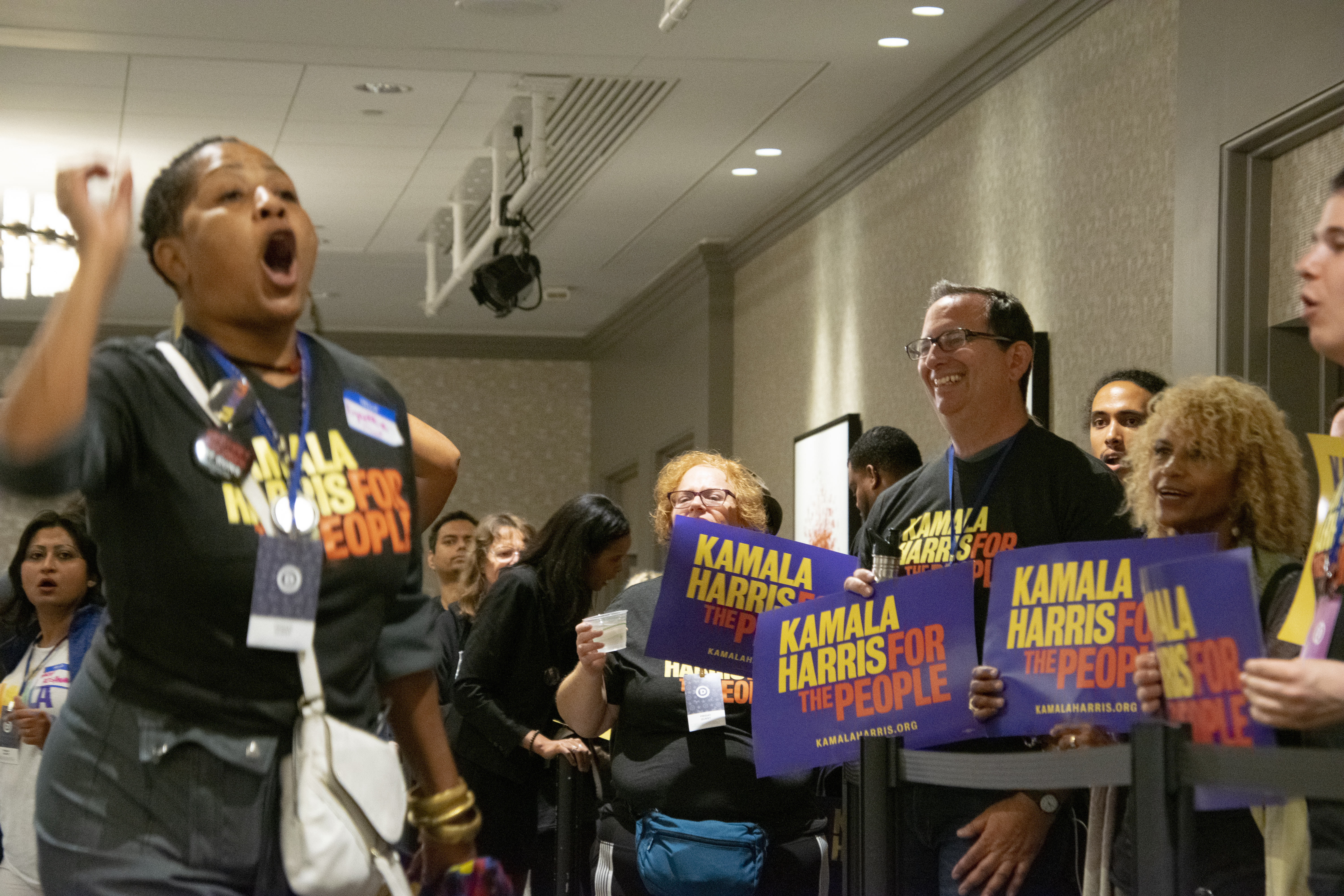 Oakland City Councilmember Lynette Gibson McElhaney leads a crowd of Harris supporters. Photo by Scott Morris.