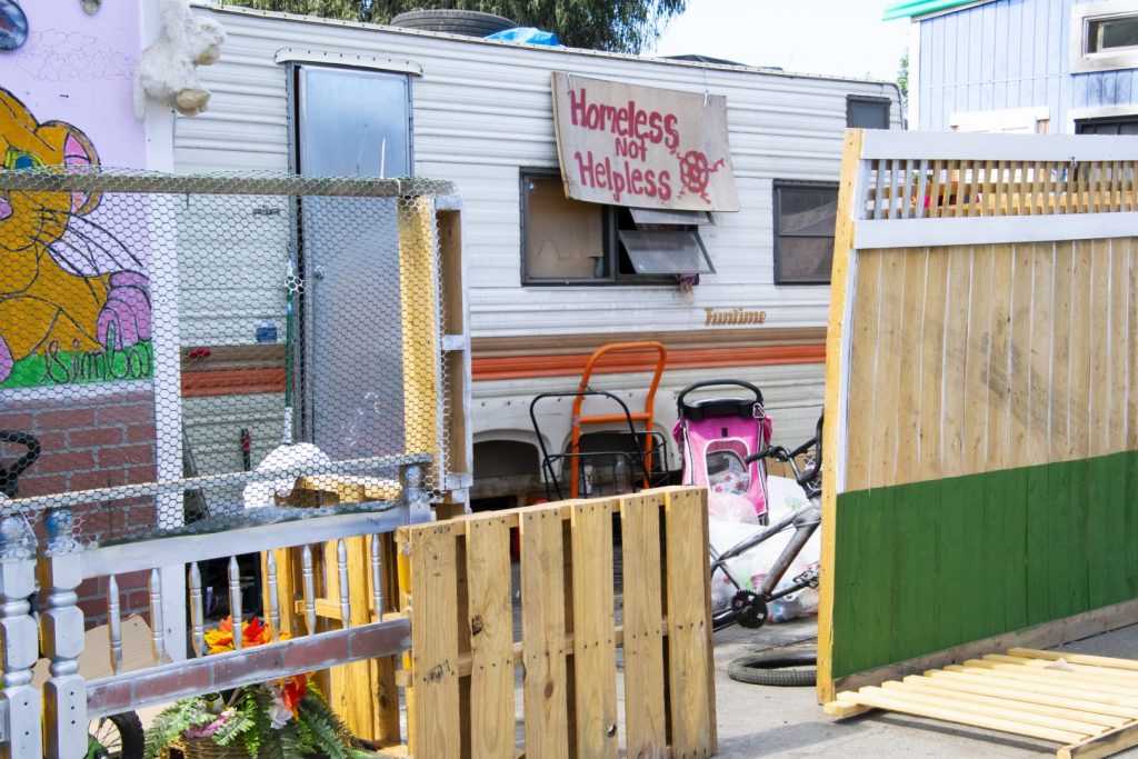 A homeless camp outside a Home Depot in East Oakland photographed on Sept,. 25. Photo by Scott Morris.