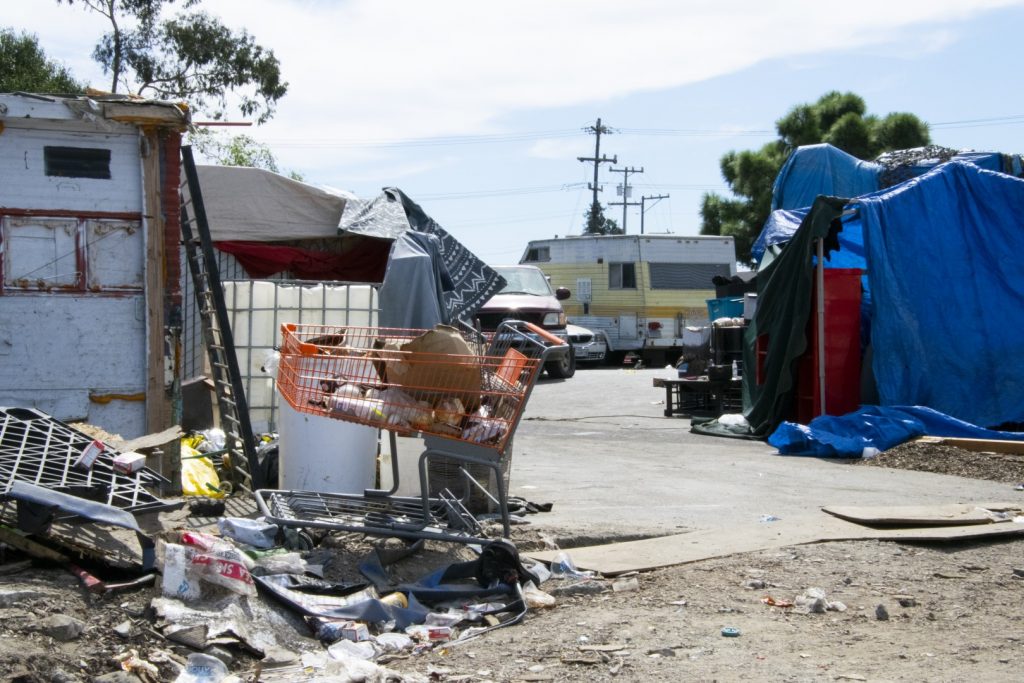 A homeless camp outside a Home Depot in East Oakland photographed on Sept,. 25. Photo by Scott Morris.