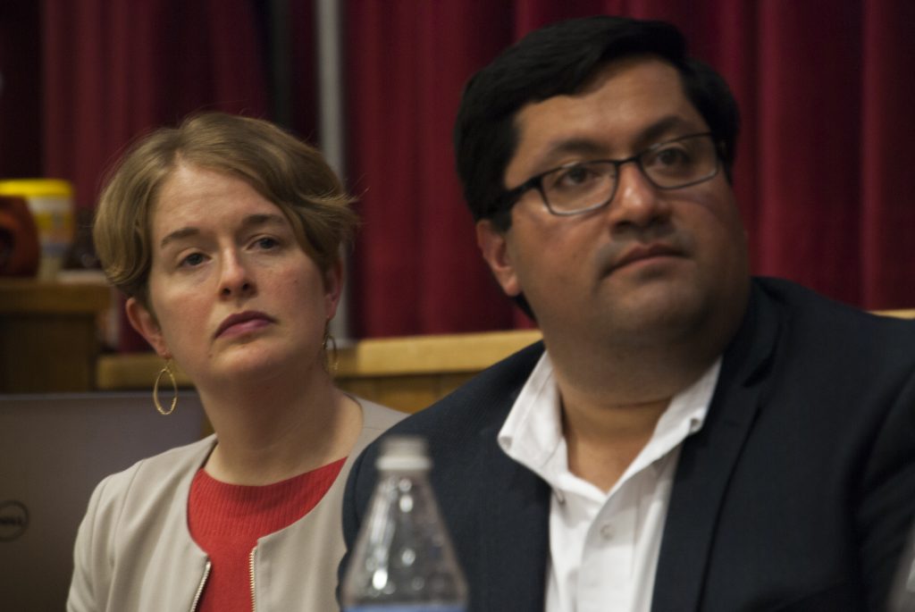 BART Director Rebecca Saltzman and Berkeley Mayor Jesse Arreguin at a meeting to discuss possible housing at the North Berkeley BART station. Photo by Scott Morris.