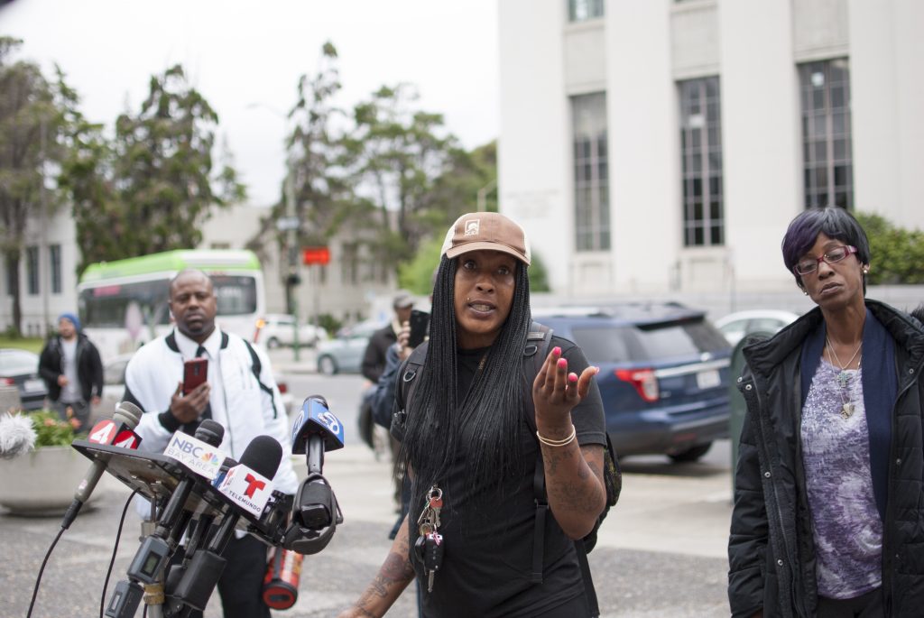 Eliza Anderson, a former tenant at 2551 San Pablo Ave., in Oakland, California, where a fire killed four people in 2017, discusses a lawsuit at a press conference at the Alameda County Administration Building in downtown Oakland on April 26, 2017.
