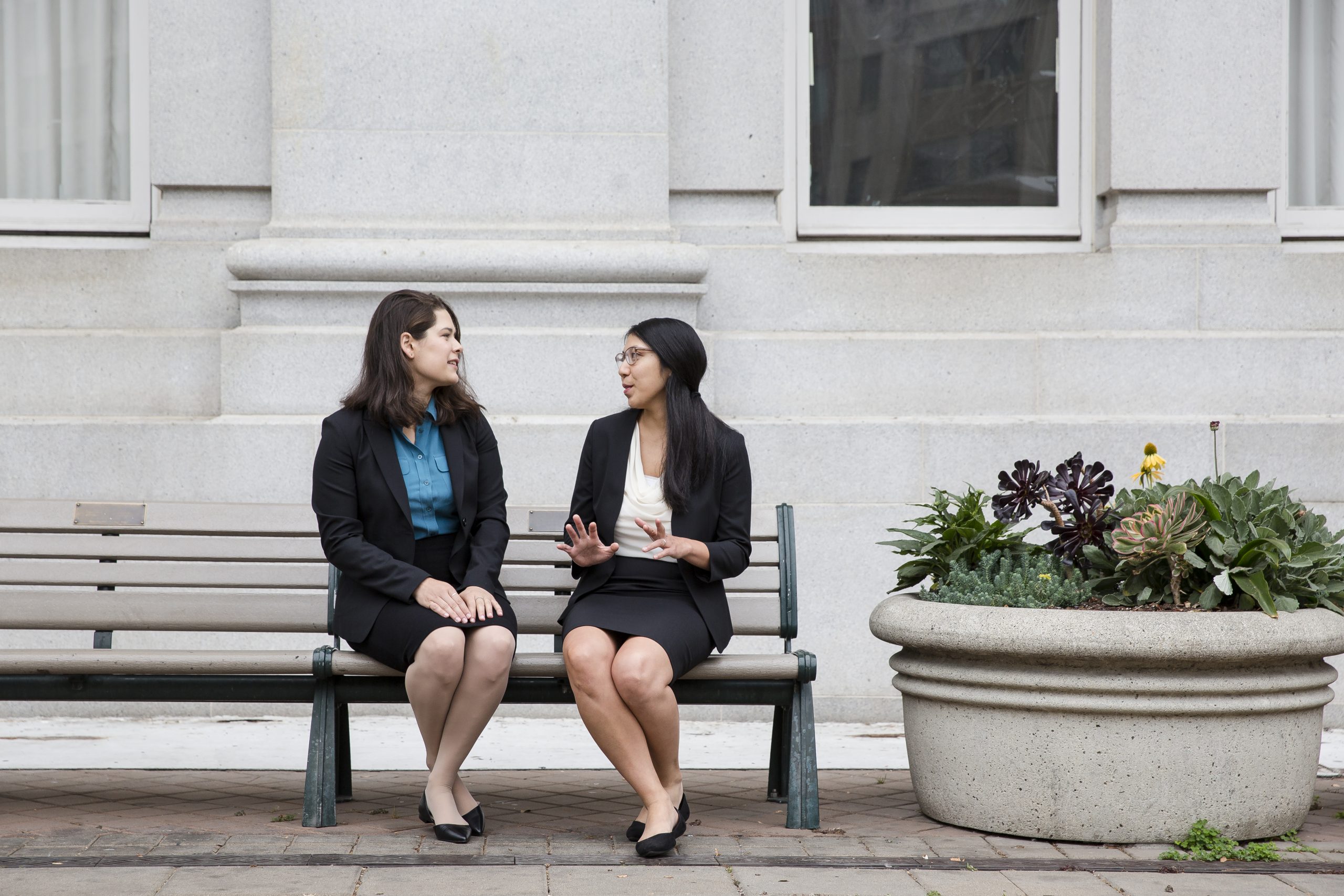 Civil rights fellows Callie Wilson and Amanda Mangaser Savage outside Oakland City Hall. Photo by Lisa Vortman.