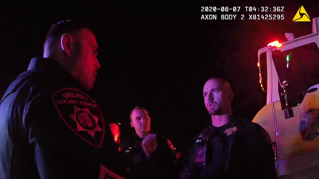 Solano County Sheriff's Deputy Dalton McCampbell, right, discusses the arrest of Nakia Porter with other deputies on Aug. 6, 2020, in body camera footage from his supervisor Sgt. Roy Stockton. 