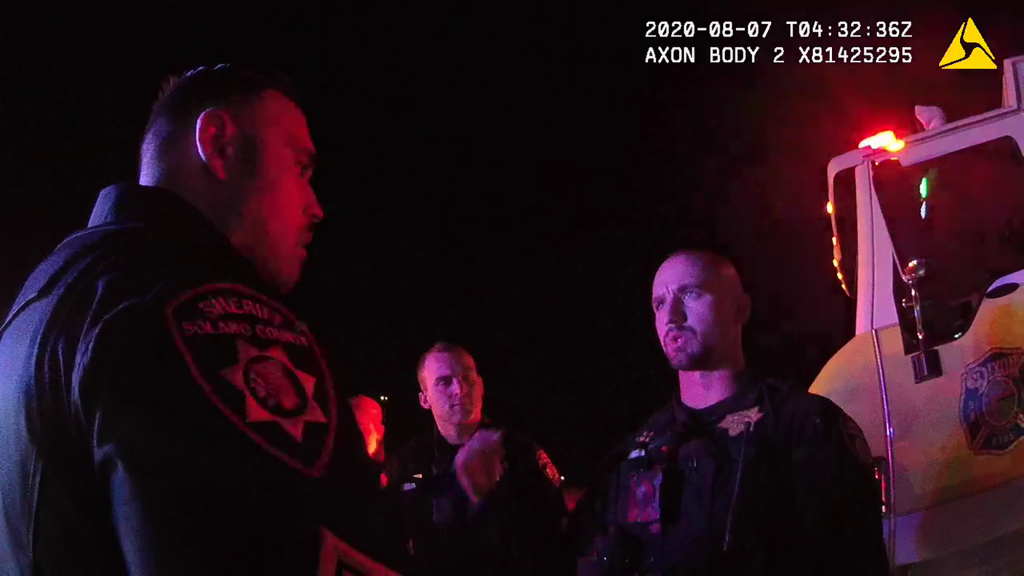 Solano County Sheriff's Deputy Dalton McCampbell, right, discusses the arrest of Nakia Porter with other deputies on Aug. 6, 2020, in body camera footage from his supervisor Sgt. Roy Stockton.